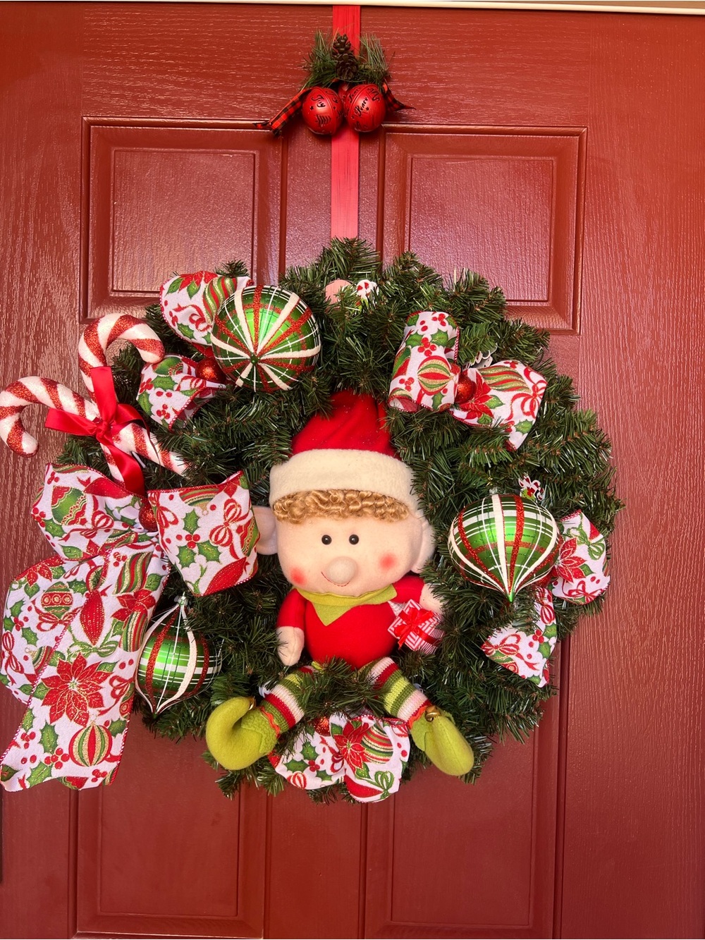Festive Elf Holiday Wreath in Red and Green